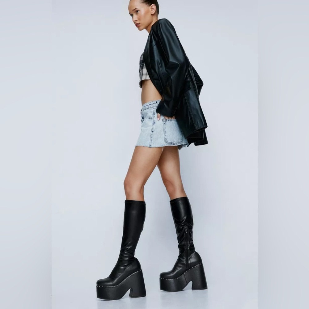 Faux Leather Platform Studded Knee High Boot